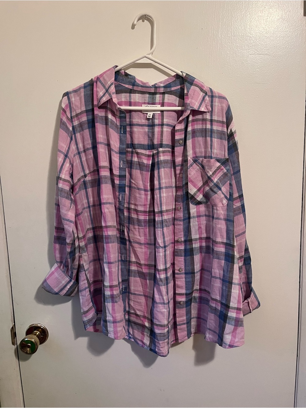 Candace Cameron Bure Womens Pink and Blue Linen Plaid Button-Down Shirt Size XS